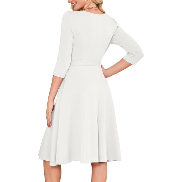 Women's White 3/4 Sleeve Vintage Flattering A-line Vintage Cocktail Dresses - Picture 5 of 5
